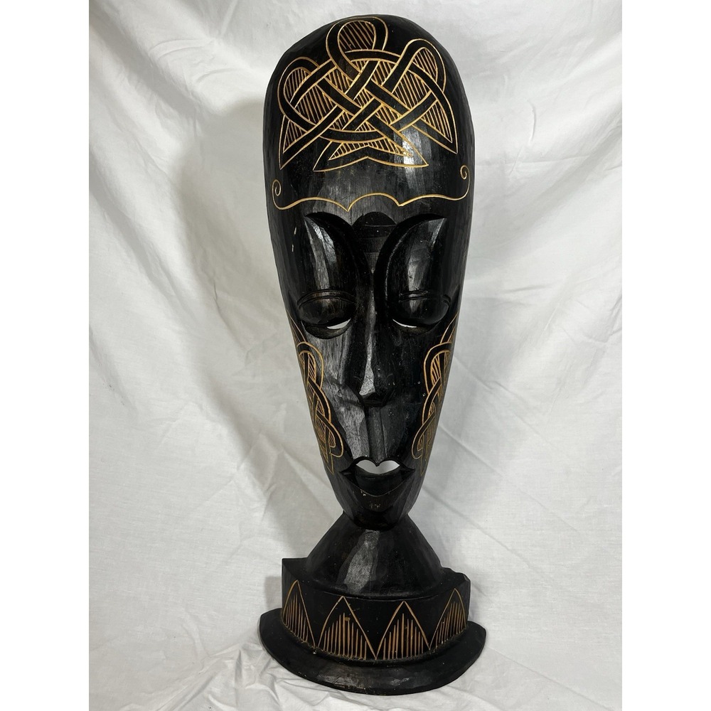 Hand Carved Authentic African Mask 24" Tall Wood Statue Black Gold Accents